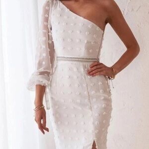 Chic One-Shoulder White Dress with Sheer Sleeve